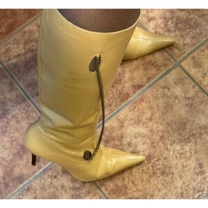 Vintage Handmade Knee High Boots Chain Detail Pointed Toe Kitten Heels